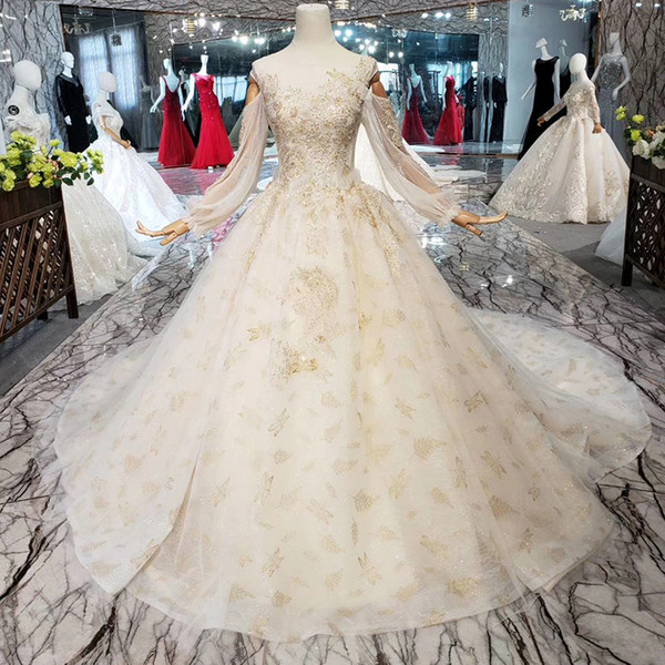 2022Classic Long Tulle Wedding Dresses Illusion Neckline Shining Beaded Applique Pattern Open Keyhole Lace Up Back beach wedding dresses