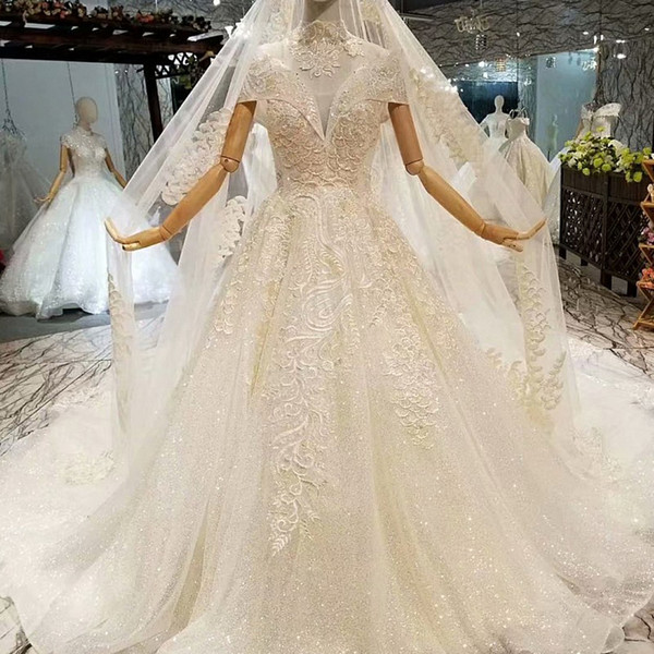 Golden Lace Shiny Wedding Dress With Glitter V-Neck Cap Sleeve Lace High Necklace A-Line Wedding Gown With Beauty Veil