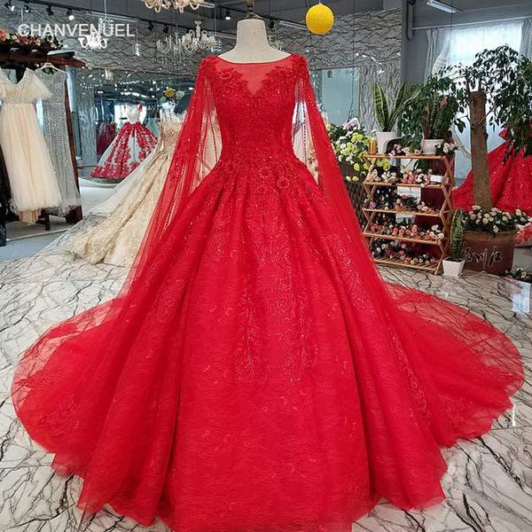 2022Luxury Red Wedding Dresses Illusion Neckline Long Tulle Cape Hand Made 3D Floral Applique Shining Crystal Sequins Elegant Bridal Gowns