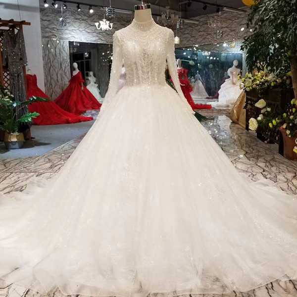 High Neck Wedding Dresses Pure New Long tulle Sleeve Open Back Wedding Gown With Long Train Cheap Dress 2022Newest Design Hot Seller