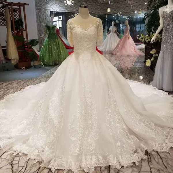 Customized New Wedding Dresses O-Neck Half Sleeves Ball Gown Appliques Wedding Gown With Train Free Shipping 2022Newest Design Bridal Gown