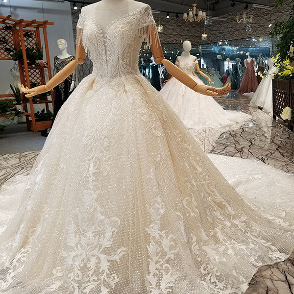 2022Newest Style Wedding Dress O-Neck Short Sleeves Crystal Tassel Wedding Gowns With Long Train Plus Size Can Be Made Extra Price