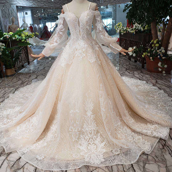 2022Newest Design Turkish Wedding Dresses Long Tulle Detail Applique Sleeve Wedding Gowns Sweetheart Neck Open Back Sling Bridal Gowns