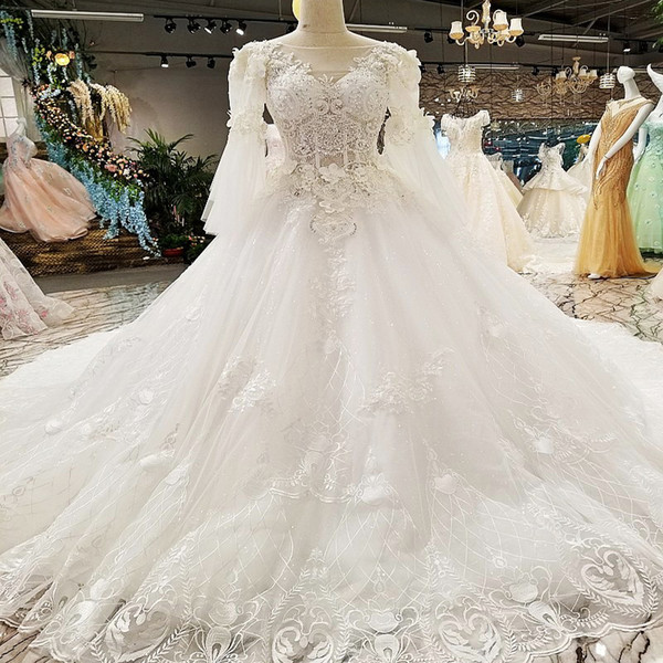 2022Illusion V Neck Wedding Dresses Long Tulle Sleeve Backless Lace Up Back Shining Crystal Hand Made 3D Floral Applique Garden Bridal Gown