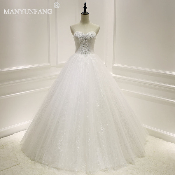 Real Picture Sweep Train Elegant Wedding Dresses Strapless Neck Lace Up Back Bridal Dress Customized Long Tulle Bridal Wedding Gowns