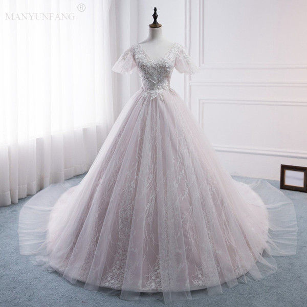 MANYUNFANG New 2019 Princess Wedding Dresses 3D Lace Appliques Short Sleeves Elegant Bride Gowns Plus Size Cathedral Train Wedding Dress