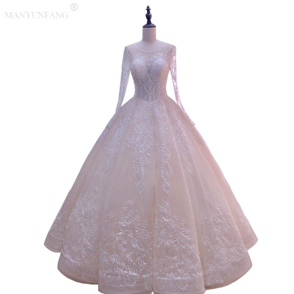 MANYUNFANG Luxury Crystal Wedding Dresses With Long Sleeves Floor Long Custom Made Beaded Applique 2019 Wedding Gowns Bridal Dress