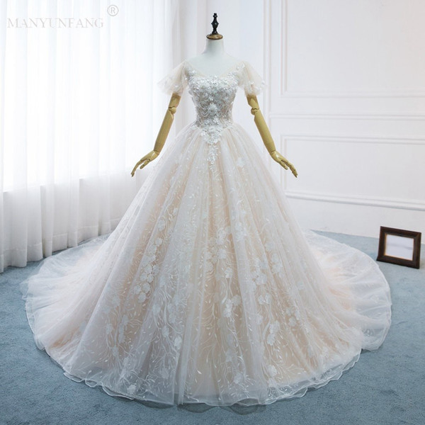 2019 New MANYUNFANG Style Luxury A Line Wedding Dresses With Short Sleeves Cathedral Train Lace Up Back Custom Made Garden Bridal Gowns