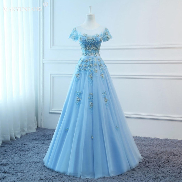 MANYUNFANG Eleagant A-Line Appliques Wedding Dresses Short Sleeves Illusion Back With Zipper For Bridal Customized Long Tulle Bridal Gowns