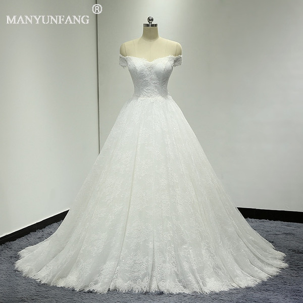 MANYUNFANG Real Pictures Boat Neck Wedding Dresses Plus Size Capped Sleeve Fashionable A-Line Bridal Gowns Beaded Appliques Wedding Gowns