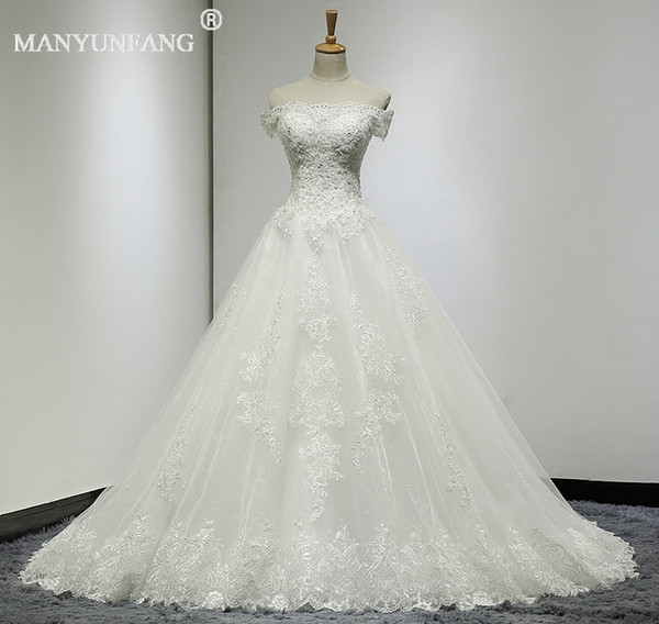 MANYUNFANG New Wedding Dresses Boat Neck Capped Sleeves Bridal Gowns Beads Lace Appliqued Tulle Plus Size Vestidos De Nnovia Wholesale