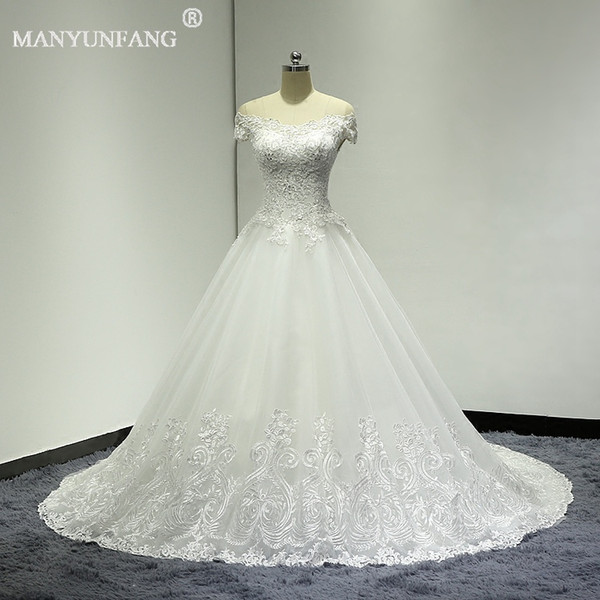 MANYUNFANG Capped Sleeves Wedding Dresses Boat Neck Sexy Boho Wedding Gowns Cathedral Train Bohemian Bride A Line Wedding Dresses