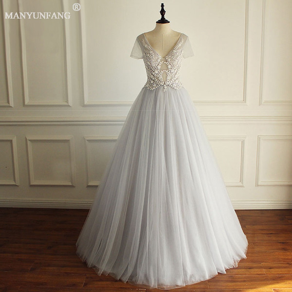 V Neck Wedding Gowns Illusion Lace A Line Bridal Gowns Tulle Illusion Tulle Applique Backless Floor Long Sexy Wedding Dresses