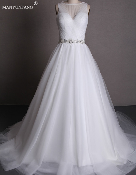 Elegant Pleat A-Line Wedding Dresses With Crystals Sashes Sheer Scoop Neck Long Wedding Gowns Church Train Vintage Wedding Dresses