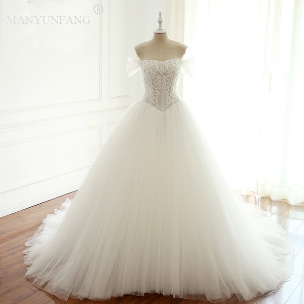 MANYUNFANG New Design Hot Sale Boat Neck A-line Capped Sleeve Lace Wedding Gowns Lace Up Back Beaded Appliques Bridal Wedding Dresses