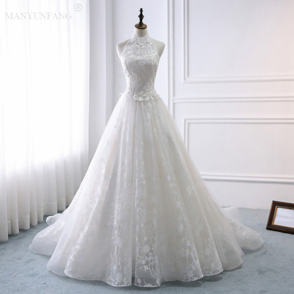 MANYUNFANG New arrival Wedding Dresses Country Lace Halter Neck A-line Whole Lace Cover stretch spandex Garden Novia Bridal Gowns