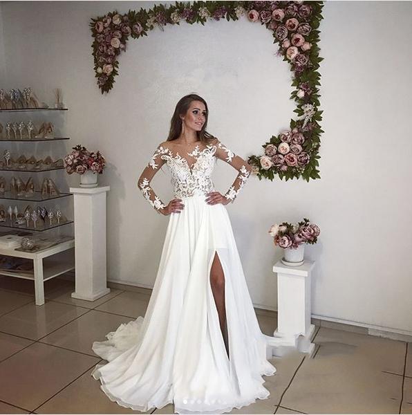 beach wedding dresses long sleeve lace appliques wedding gowns split floor length elegant bridal dresses