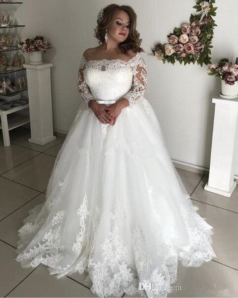 Plus Size Wedding Dresses 3/4 Sleeve Appliques Beads Sash Hollow Garden Bridal Gown vestido de noiva