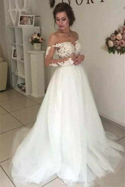 Long Sleeve Wedding Dresses Sheer Neck Lace Applique Boho wed dress long beach wedding guest dresses bridal gowns