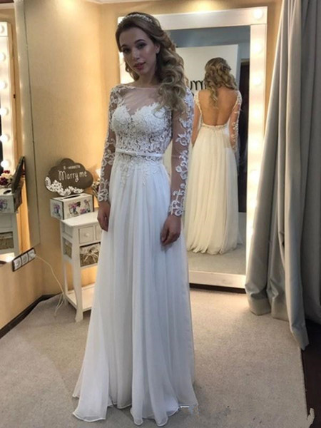 Long Sleeve Beach Wedding Dresses Chiffon Summer Bridal Gowns Floor Length Lace Sheer Neckline Wedding Dress