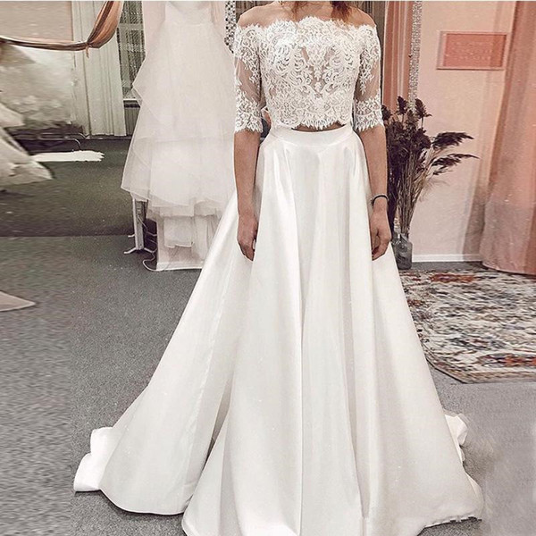 Two Pieces Wedding Dresses With Half Sleeves Vestido De Novia Lace Top Satin Skirt Wedding Dresses Sweep Train Custom Made