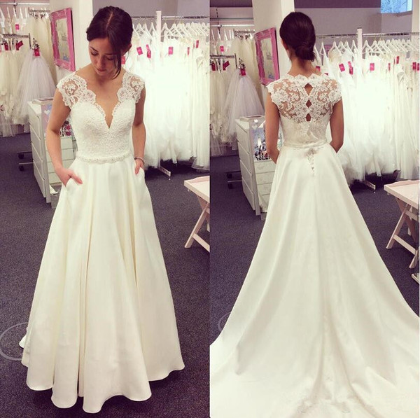 Elegant Satin Wedding Dresses China With Pockets V Neck Lace Appliqued Bridal Gowns Wedding Dress Plus size fat