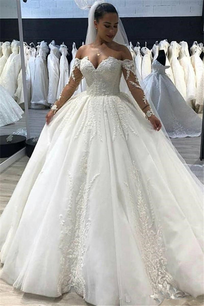 Modest Long Sleeve Wedding Dresses off the shoulder Bridal Gowns Chapel Train Tulle Appliques Lace Custom Made Wedding Gowns