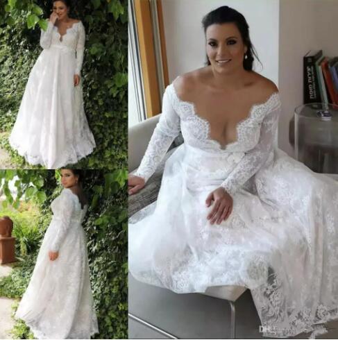 Garden Country Full Lace Plus Size A line Wedding Dresses Long Sleeves Sexy Illusion Jewel Neck Formal Bridal Gowns For Bride