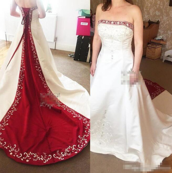 Vintage Red And White Satin A Line Wedding Dresses Real Image Plus Size Embroidery Beaded Bridal Gowns For Garden Country Custom Made