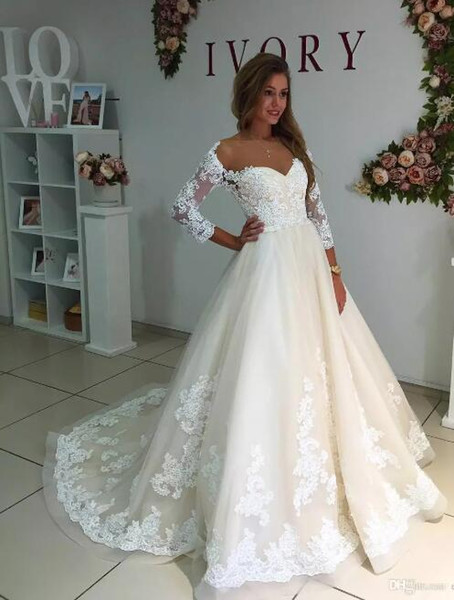 Lace Wedding Dresses Sheer Neck 3/4 Sleeves Lace Applique Wedding Dress Bridal Gowns vestidos de novia