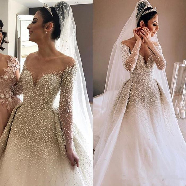 Pearls Wedding Dresses Luxury Long Sleeves Arabic Bridal Gowns Formal Custom Made Vestidos De Novia