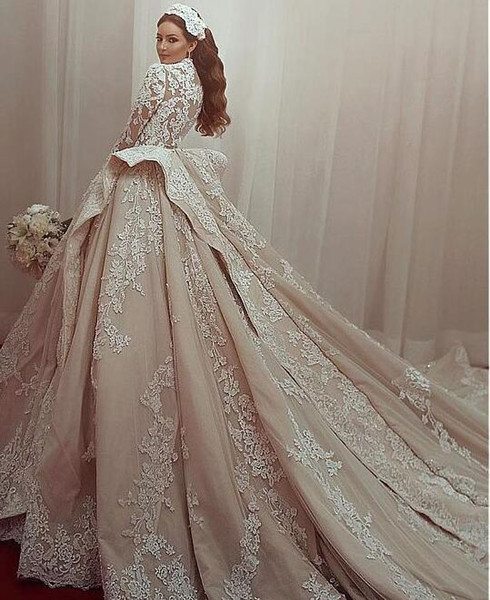 Vintage Lace Wedding Dresses Champagne long sleeve Bridal Gowns Custom Made Arabic Vestidos De Novia Luxury