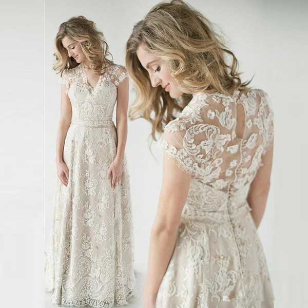 Modest Lace Wedding Dresses V Neck Cap Sleeves See Through Back Floor Length Champagne Country Wedding Dresses Bridal Gowns