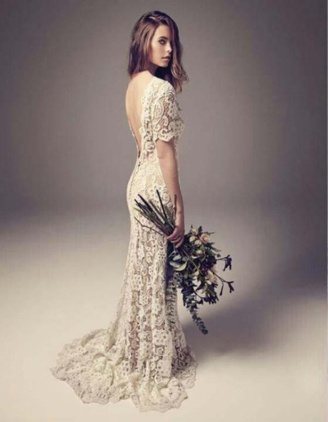 Vintage Bohemian Wedding Dresses Sheath Backless Full Lace Boho Bridal Gowns with Illusion Short Sleeves Sweep Train Beach wedding dress