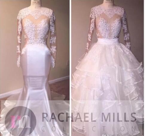 Summer Beach Wedding Dresses With detachable skirt Sexy Illusion Bodices Lace Appliqued Sheer Long Sleeves Bridal Gowns For Wedding Guest