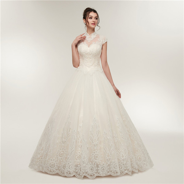 High Neck Crystals wedding dresses real photos cap sleeves bridal wedding gowns lace wedding dress