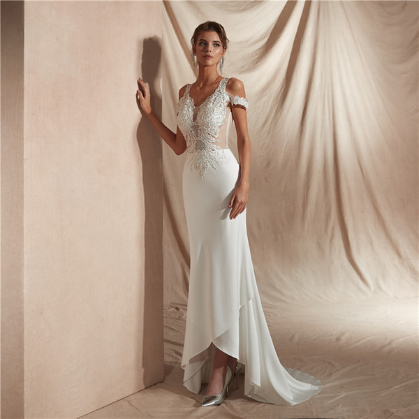 V Neck Applique Wedding Dresses Hi-Lo satin Beach wedding dresses Garden Country Bridal vestidos de novia E006