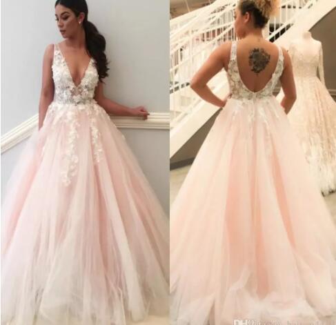 Baby Pink Wedding Dresses Deep V Neck 3D Flowers Lace Applique Beads Illusion Sweep Train African Plus Size Bridal Gowns