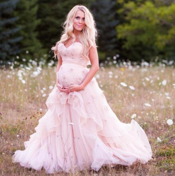 Pink Flowers Maternity Wedding Dress Sweetheart Sweep Train Country Bridal Gowns Plus Size Wedding Dress