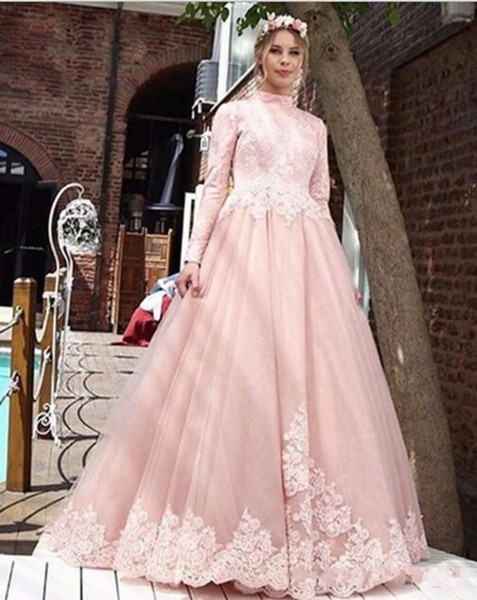 Pink Muslim Wedding Dresses Long Sleeves High neck Arabic Lace Wedding Gowns vestidos de novia