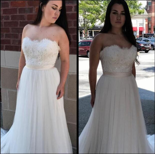 Beach wedding dresses Beaded Lace Bodice A Line Sweetheart Strapless Tulle Bridal plus size wedding Gowns robes de mariée