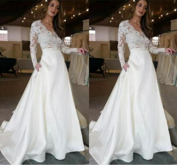 Long Sleeve Wedding Dresses Lace See Through With Pockets A line Bridal Dresses Wedding Gowns vestidos