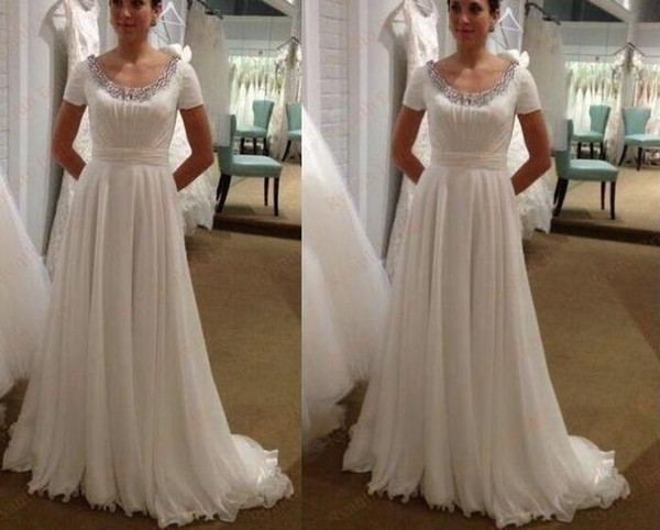 Long A Line beach Wedding Dresses with Beaded Scoop Neck Short Sleeves Bridal Wedding Gowns