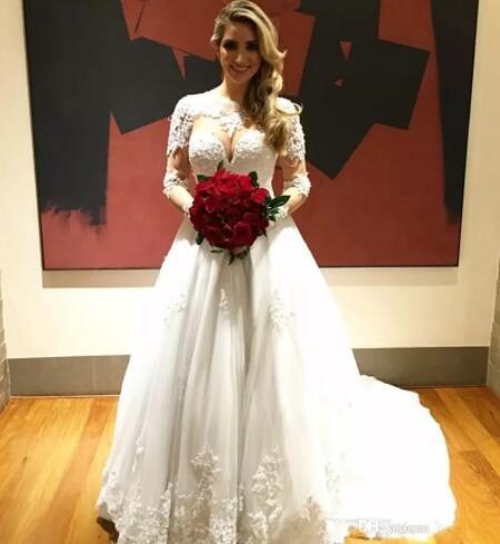 Vintage Long Sleeves Wedding Dresses Jewel Sheer Neck Lace and Applique Plus Size Wedding Dress Bridal Gowns Cheap Tulle