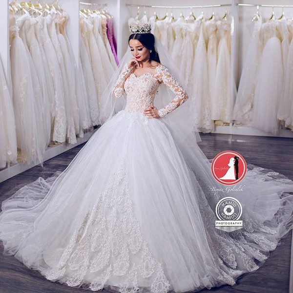 New Dubai Elegant Long Sleeves A-line Wedding Dresses Tulle Lace Appliques Vestios De Novia Ball Gown Bridal Chapel Train Custom BA9426