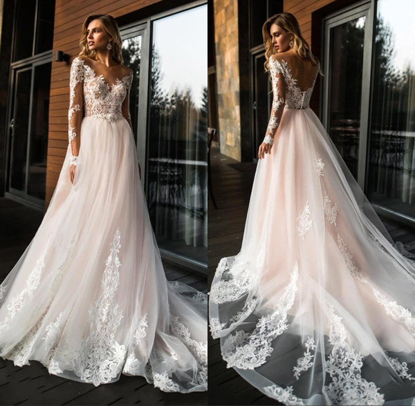 Charming Sheer Neck Long Sleeve Wedding Dresses Lace Appliques A Line Tulle Bridal Gown Arabic Dubai robe de mariee BC1438