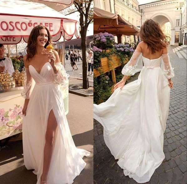 Bohemia Summer Beach A Line Wedding Dresses Off Shoulder Long Sleeve Front Split Chiffon Bridal Gown vestido de novia