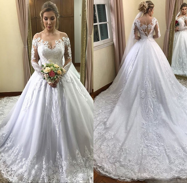 Sheer Jewel Neck Long Sleeve Wedding Dresses Gorgeous Lace Appliques Sweep Train Tulle Bridal Gown vestido de novia