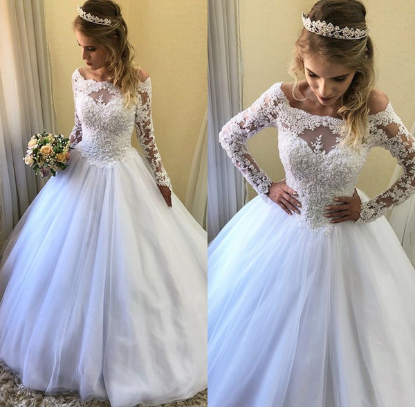 Bateau Illusion Long Sleeve Wedding Dresses Lace Appliques A Line Sweep Train Tulle Bridal Gown Wedding vestido de novia