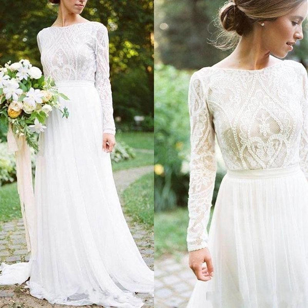 Modest Long Sleeve A Line Wedding Dresses Jewel Neck Floor Length Tulle Bridal Gown vestido de novia BC1572